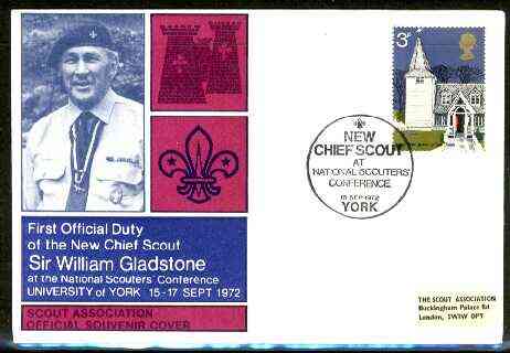 Great Britain 1972 Illustrated Commemorative cover for Sir William Gladstone with special 'New Chief Scout' cancel, stamps on scouts
