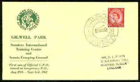 Great Britain 1961 Commemorative cover for Gilwell Park Int Training Centre with special illustrated Reunion first day cancel, stamps on scouts