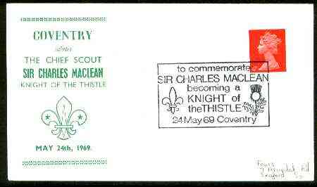 Great Britain 1969 Commemorative cover for Coventry Salutes the Chief Scout with special illustrated 'Knight of the Thistle' cancel, stamps on scouts
