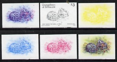 St Vincent - Grenadines 1985 Shell Fish $3 (West Indian Top Shell as SG 363) set of 6 imperf progressive colour proofs comprising the four individual colours plus 2 & 3-colour composites unmounted mintNote: Due to a very fortunate purchase, I am able to sell this set at less than \A310 - other sellers on eBay are offering similar progressive proofs at between \A375 and \A3125 per set., stamps on marine-life     shells
