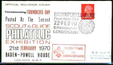 Great Britain 1970 commemorative cover for the Second Scout & Guide Philatelic Exhibition with special illustrated Baden-Powell House cancel, stamps on scouts, stamps on guides, stamps on stamp exhibitions