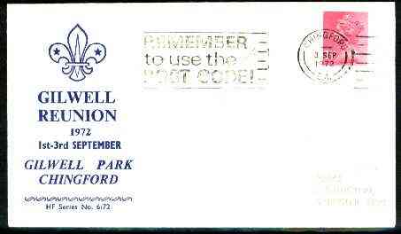 Great Britain 1972 commemorative cover for Gilwell Park Reunion with special last day cancel, stamps on scouts