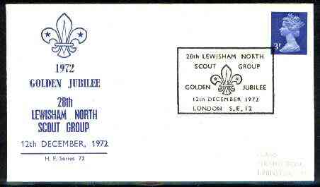 Great Britain 1972 commemorative cover for Lewisham North Golden Jubilee with special illustrated cancel, stamps on scouts