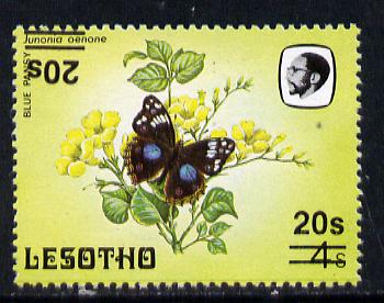 Lesotho 1986-88 Blue Pansy provisional 20s on 4s with double surcharge, one inverted unmounted mint, (SG 732a), stamps on butterflies