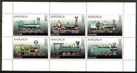 Karjala Republic 1997 Railway Locos perf sheetlet containing complete set of 6 values unmounted mint, stamps on , stamps on  stamps on railways