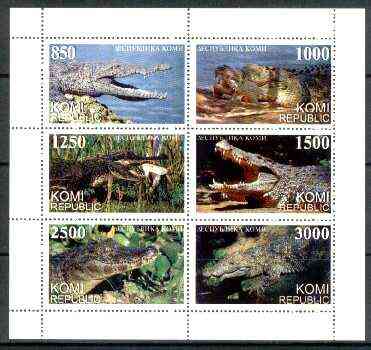 Komi Republic 1997 Reptiles (Crocodiles) perf sheetlet containing complete set of 6 unmounted mint, stamps on animals, stamps on reptiles, stamps on crocodiles