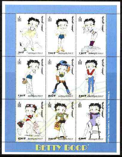 Mongolia 1999 Betty Boop perf sheetlet containing complete set of 9 values unmounted mint, stamps on cartoons, stamps on entertainments, stamps on films, stamps on cinema