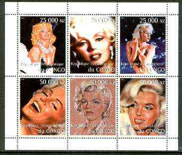 Congo 1999 Marilyn Monroe perf sheetlet containing complete set of 6 values unmounted mint , stamps on films, stamps on cinema, stamps on entertainments, stamps on music, stamps on personalities, stamps on marilyn monroe