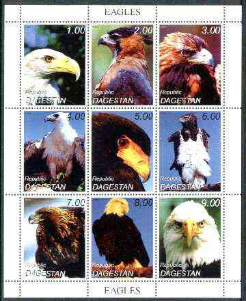 Dagestan Republic 1999 Birds of Prey (Eagles) perf sheetlet containing complete set of 9 values unmounted mint, stamps on birds, stamps on birds of prey, stamps on eagles
