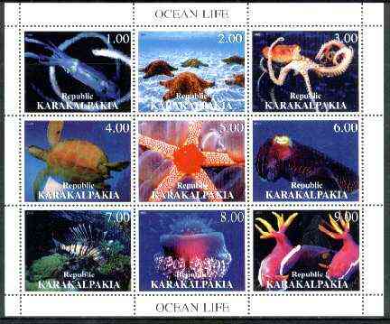 Karakalpakia Republic 1999 Ocean Life perf sheetlet containing complete set of 9 values unmounted mint, stamps on marine life, stamps on fish, stamps on turtles