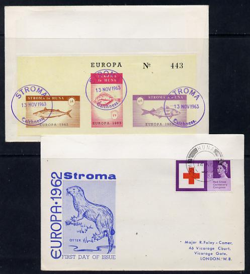 Stroma 1963 Europa imperf sheetlet containing fish set of 3 on cover to London correctly cancelled in Stroma and carried to Huna, front shows Great Britain Red Cross 3d stamp cancelled Huna for normal UK delivery. Note: I have several of these covers so the one you receive may be slightly different to the one illustrated, stamps on fish     europa
