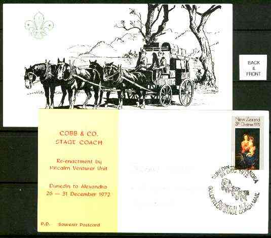 New Zealand 1972 Re-enactment of Dunedin to Alexandra Stagecoach run by Pitcairn Venturer Scouts commemorative card with special 'Stagecoach' cancel, stamps on scouts, stamps on mail coaches