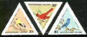 Cinderella - Rattlesnake Island (USA) 1977 Birds set of 3 triangulars unmounted mint, stamps on , stamps on  stamps on birds, stamps on triangulars, stamps on goldfinch, stamps on bunting, stamps on cardinal