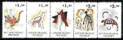 Cinderella - Hutt River Province 198? Aboriginal & Caveman Drawings unmounted mint strip of 5, stamps on arts, stamps on dinosaurs, stamps on caves