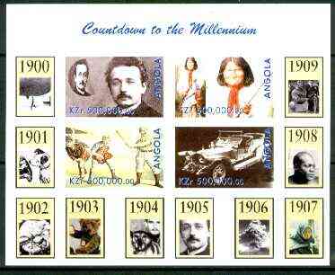Angola 1999 Countdown to the Millennium #01 (1900-1909) imperf sheetlet containing 4 values (Einstein, Rolls Royce, Geronimo, Baseball) unmounted mint, stamps on , stamps on  stamps on personalities, stamps on einstein, stamps on science, stamps on physics, stamps on cars, stamps on rolls royce, stamps on cultures, stamps on baseball, stamps on  stamps on teddy bears, stamps on boxing, stamps on volcanoes, stamps on  stamps on nobel, stamps on millennium, stamps on judaica   , stamps on  stamps on personalities, stamps on  stamps on einstein, stamps on  stamps on science, stamps on  stamps on physics, stamps on  stamps on nobel, stamps on  stamps on maths, stamps on  stamps on space, stamps on  stamps on judaica, stamps on  stamps on atomics