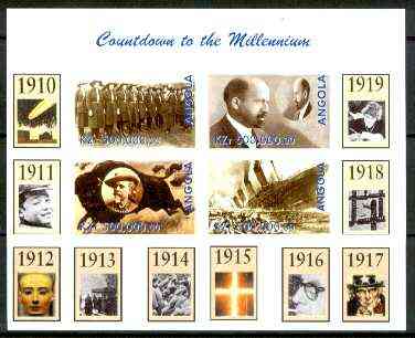 Angola 1999 Countdown to the Millennium #02 (1910-1919) imperf sheetlet containing 4 values (Girl Guides, Du Bois, Buffalo Bill & Titanic) unmounted mint, stamps on personalities, stamps on scouts, stamps on guides, stamps on cowboys, stamps on titanic, stamps on racism, stamps on space, stamps on egyptology, stamps on , stamps on  ww1 , stamps on , stamps on films, stamps on cinema, stamps on bovine, stamps on americana, stamps on disasters, stamps on millennium, stamps on shipwrecks, stamps on masonics, stamps on masonry