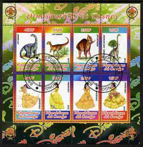 Congo 2010 Disney & Dinosaurs #1 perf sheetlet containing 8 values with Scout Logo fine cto used, stamps on , stamps on  stamps on disney, stamps on  stamps on films, stamps on  stamps on cinema, stamps on  stamps on movies, stamps on  stamps on cartoons, stamps on  stamps on scouts, stamps on  stamps on dinosaurs
