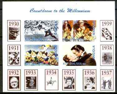 Angola 1999 Countdown to the Millennium #04 (1930-1939) imperf sheetlet containing 4 values (Jesse Owens, King Kong, Snow White & Gone With the Wind) unmounted mint, stamps on personalities, stamps on cartoons, stamps on aviation, stamps on films, stamps on cinema, stamps on sport, stamps on disney, stamps on gandhi, stamps on cultures, stamps on bridges, stamps on spitfires, stamps on  ww2 , stamps on apes, stamps on millennium