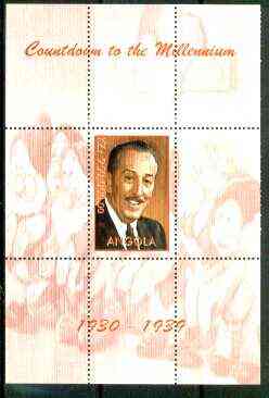 Angola 1999 Countdown to the Millennium #04 (1930-1939) perf souvenir sheet (Walt Disney & 7 Dwarfs) unmounted mint, stamps on , stamps on  stamps on personalities, stamps on cartoons, stamps on disney, stamps on films, stamps on cinema, stamps on millennium