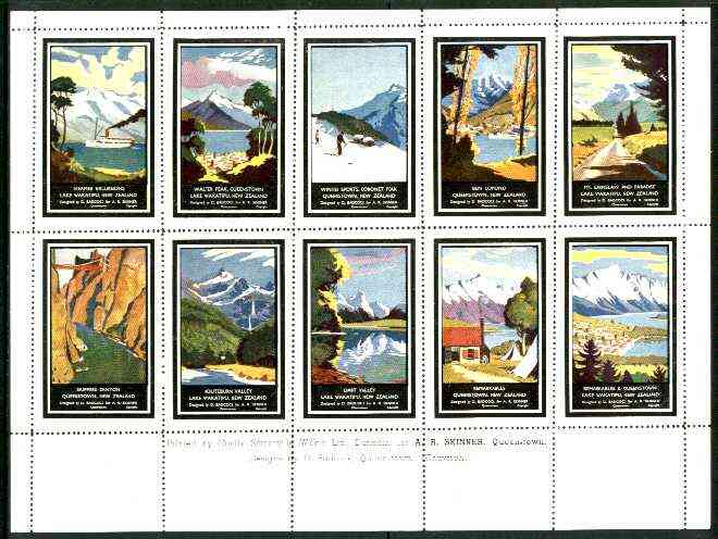 New Zealand - Tourism sheetlet containing 10 perf labels depicting various views (produced for A R Skinner), stamps on tourism, stamps on lakes, stamps on ships, stamps on mountains, stamps on skiing