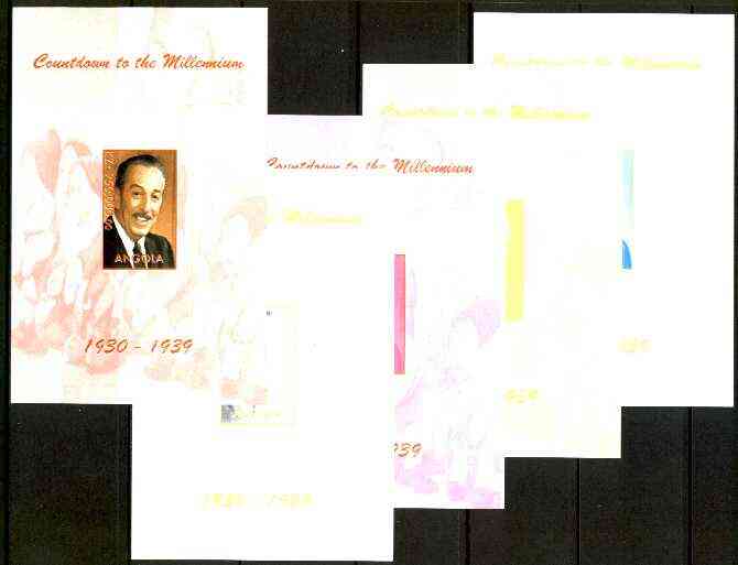 Angola 1999 Countdown to the Millennium #04 (1930-1939) souvenir sheet (Walt Disney & 7 Dwarfs) the set of 5 imperf progressive proofs comprising various 2,3 & 4-colour combinations plus all 5 colours unmounted mint, stamps on personalities, stamps on cartoons, stamps on disney, stamps on films, stamps on cinema, stamps on millennium