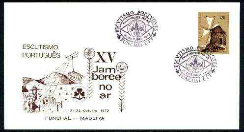Portugal 1972 illustrated cover (Scout making radio broadcast) for 15th Funchal Scout Jamboree, 20c Windmill stamp with special cancel, stamps on scouts, stamps on radio, stamps on windmills