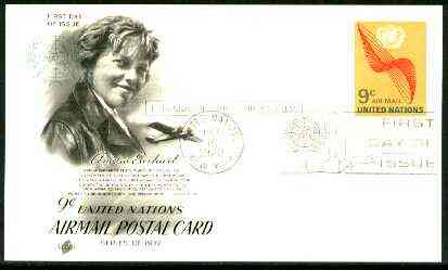 United Nations (NY) 1972 Amelia Earhart 9c illustrated postal stationery card with first day cancel, stamps on aviation, stamps on women
