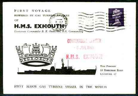 Great Britain 1968 Commemorative cover for first voyage of HMS Exmouth (first major gas-turbine vessel), stamps on ships, stamps on energy