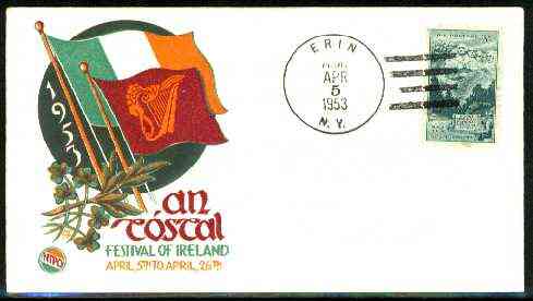 United States 1953 illustrated cover for Festival of Ireland with ERIN (NY) cancel, stamps on flags, stamps on harps