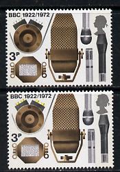 Great Britain 1972 Broadcasting Anniversaries 3p (Microphones) unmounted mint single with shift of yellow appearing as a missing colour, plus shift of the Queens head whi..., stamps on communications    entertainments science    microphones    radio