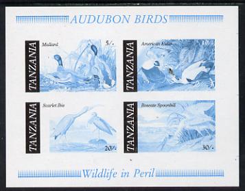 Tanzania 1986 John Audubon Birds m/sheet imperf colour proof in blue & black only unmounted mint (SG MS 468), stamps on audubon, stamps on birds, stamps on ducks, stamps on mallard    eider   ibis    spoonbill