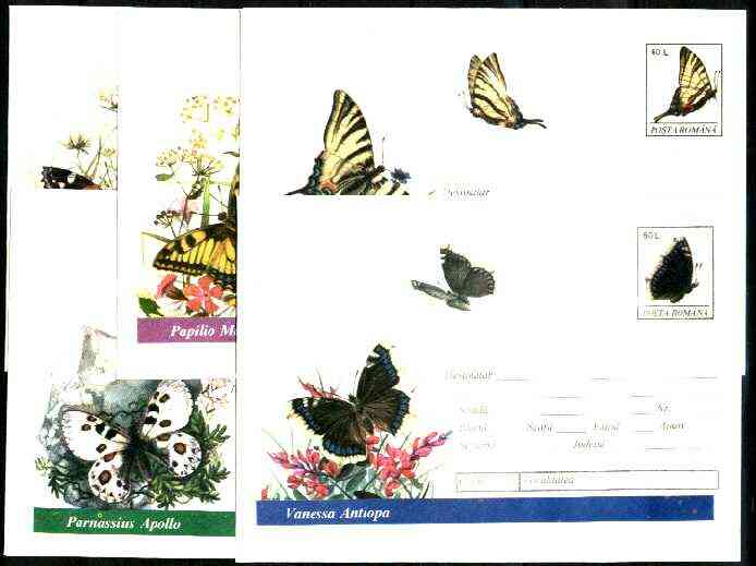 Rumania 1994 Butterflies set of 5 illustrated postal stationery envelopes (60L values) unused and pristine (limited edition), stamps on butterflies