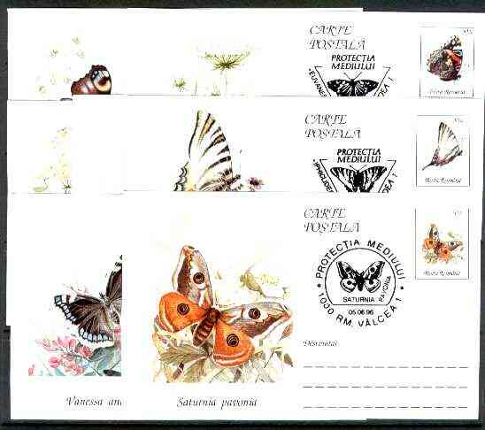 Rumania 1996 Butterflies set of 7 deluxe edition postal stationery cards (50L values) each with 'Butterfly' cancellation (Limited edition), stamps on butterflies