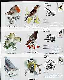 Rumania 1996 Birds set of 6 deluxe edition postal stationery cards (50L values) each with 'Bird' cancellation (Limited edition), stamps on birds