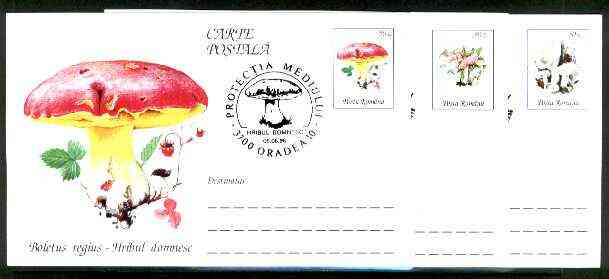 Rumania 1996 Fungi complete set of 3 deluxe edition postal stationery cards (50L values) each with illustrated 'mushroom' cancellation (Limited edition), stamps on , stamps on  stamps on fungi