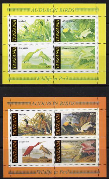 Tanzania 1986 John Audubon Birds m/sheet with red omitted plus normal both unmounted mint (SG MS 468), stamps on audubon, stamps on birds, stamps on ducks, stamps on mallard    eider   ibis    spoonbill