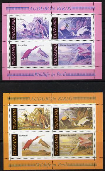Tanzania 1986 John Audubon Birds m/sheet with yellow omitted plus normal both unmounted mint (SG MS 468), stamps on , stamps on  stamps on audubon, stamps on birds, stamps on ducks, stamps on mallard    eider   ibis    spoonbill