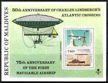 Maldive Islands 1977 Lindbergh & Airships Anniversary perf m/sheet unmounted mint, SG MS 720, stamps on aviation, stamps on airships, stamps on lindbergh, stamps on monuments, stamps on civil engineering, stamps on americana, stamps on statues, stamps on ships, stamps on masonics, stamps on masonry