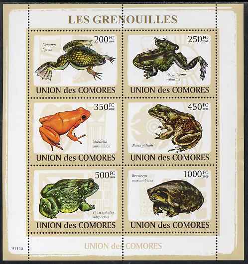 Comoro Islands 2009 Frogs perf sheetlet containing 6 values unmounted mint, stamps on frogs, stamps on toads