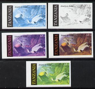 Tanzania 1986 John Audubon Birds 10s (American Eider) set of 5 unmounted mint imperf progressive colour proofs incl all 4 colours (as SG 465), stamps on , stamps on  stamps on audubon, stamps on birds, stamps on ducks