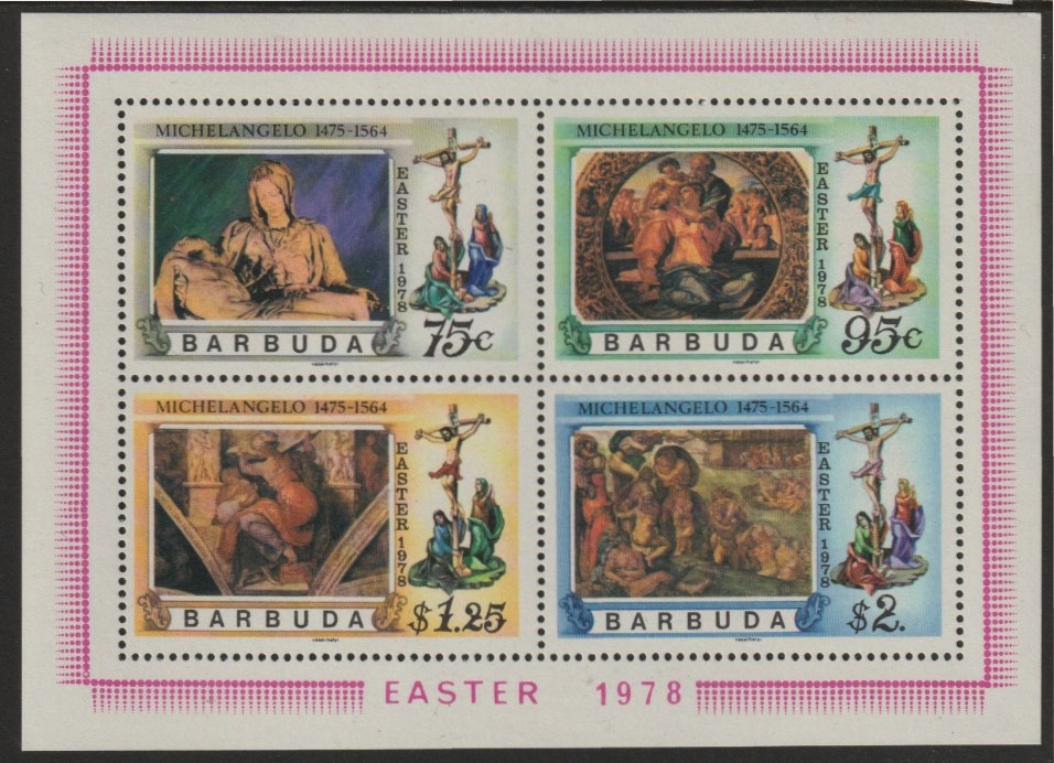 Barbuda 1978 Easter Michelangelo m/sheet unmounted mint, SG MS 394, stamps on arts, stamps on easter, stamps on religion, stamps on renaissance