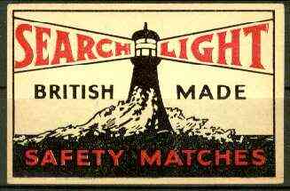 Match Box Labels - Searchlight Brand (Lighthouse black & red) dozen size label made in England, stamps on lighthouses