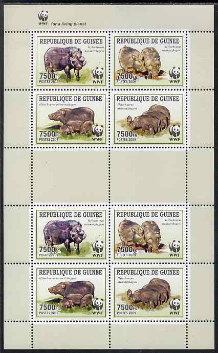 Guinea - Conakry 2009 WWF - Wild Boar perf sheetlet containing 2 sets of 4 in se-tenant blocks unmounted mint, stamps on animals, stamps on  wwf , stamps on swine