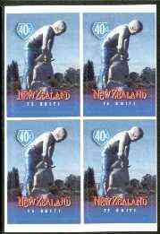 New Zealand 1998 Town Icons 40c Sheep Shearer self-adhesive block of 4 unmounted mint, SG 2200, stamps on sheep, stamps on ovine, stamps on textiles, stamps on statues, stamps on self adhesive