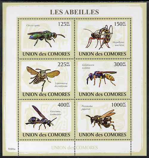 Comoro Islands 2009 Bees perf sheetlet containing set of 6 unmounted mint, stamps on insects, stamps on bees, stamps on honey