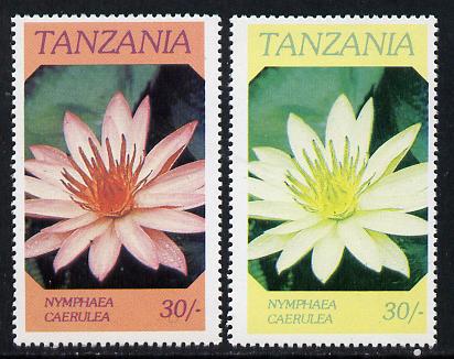Tanzania 1986 Flowers 30s (Nymphaea) with red omitted, complete sheetlet of 8 plus normal sheet, both unmounted mint as SG 477, stamps on flowers