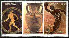 Guyana 1987 Summer Olympics (Greek Pottery) set of 3 fine cto used, Sc #1852-54*, stamps on olympics, stamps on pottery, stamps on jumping, stamps on discus, stamps on running, stamps on ancient greece