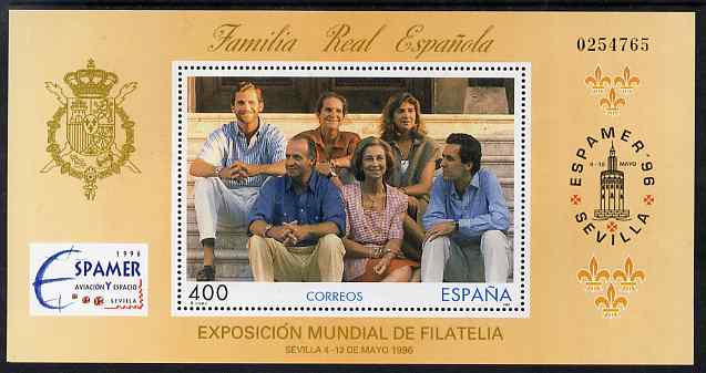 Spain 1996 Espamer Stamp Exhibition perf m/sheet (Royal Family) unmounted mint SG MS 3382b, stamps on royalty, stamps on stamp exhibitions, stamps on 