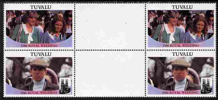 Tuvalu 1986 Royal Wedding (Andrew & Fergie) $1 perf inter-paneau gutter block of 4 (2 se-tenant pairs) with face value omitted unmounted mint SG 399-400var, stamps on royalty, stamps on andrew, stamps on fergie, stamps on 