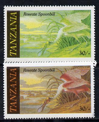 Tanzania 1986 John Audubon Birds 30s (Roseate Spoonbill) with red omitted, complete sheetlet of 8 plus normal sheet, both unmounted mint (as SG 467), stamps on audubon  birds  